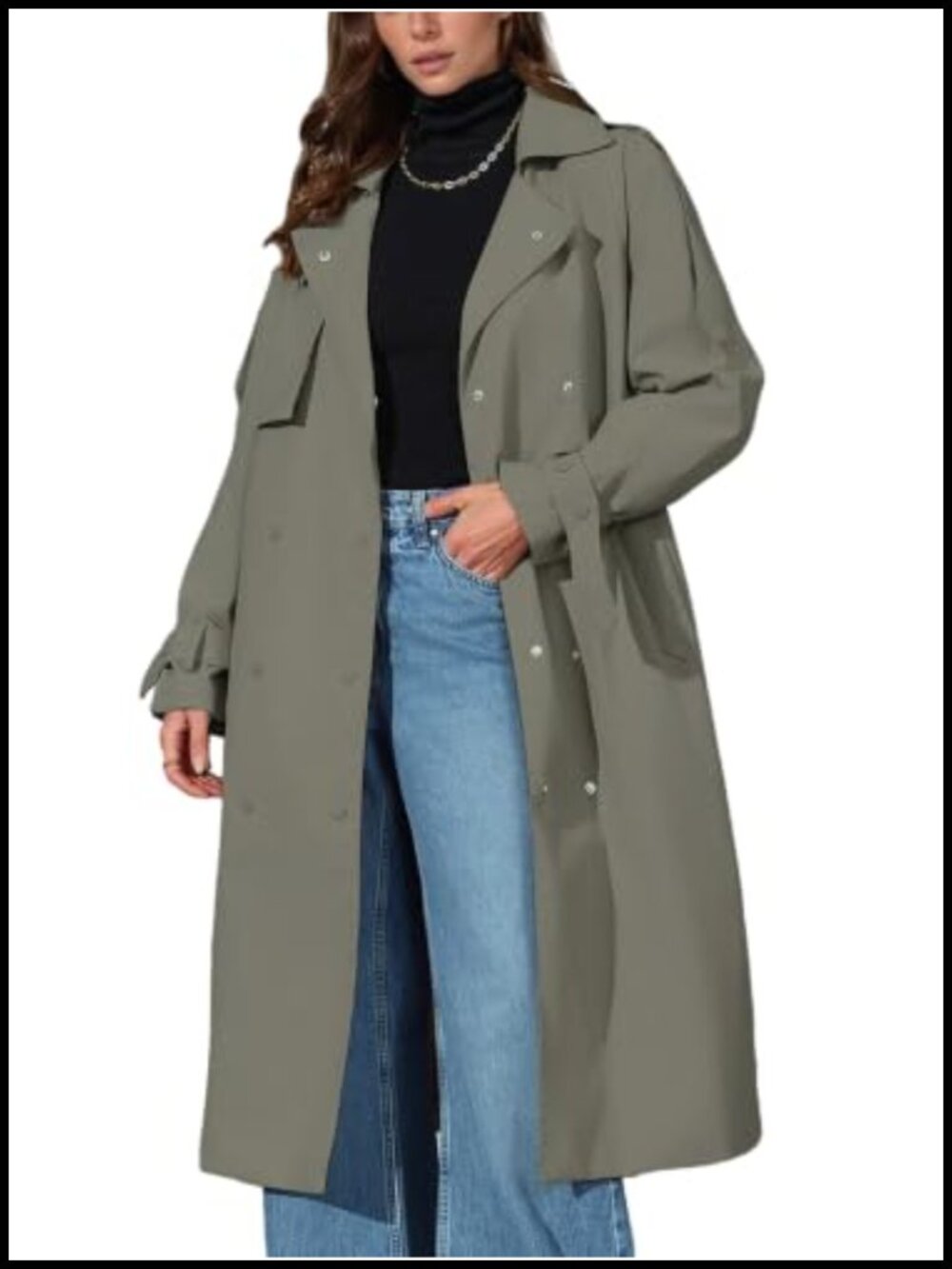 Women Trench Coat Long Double-Breasted Windproof Jacket with Belt
